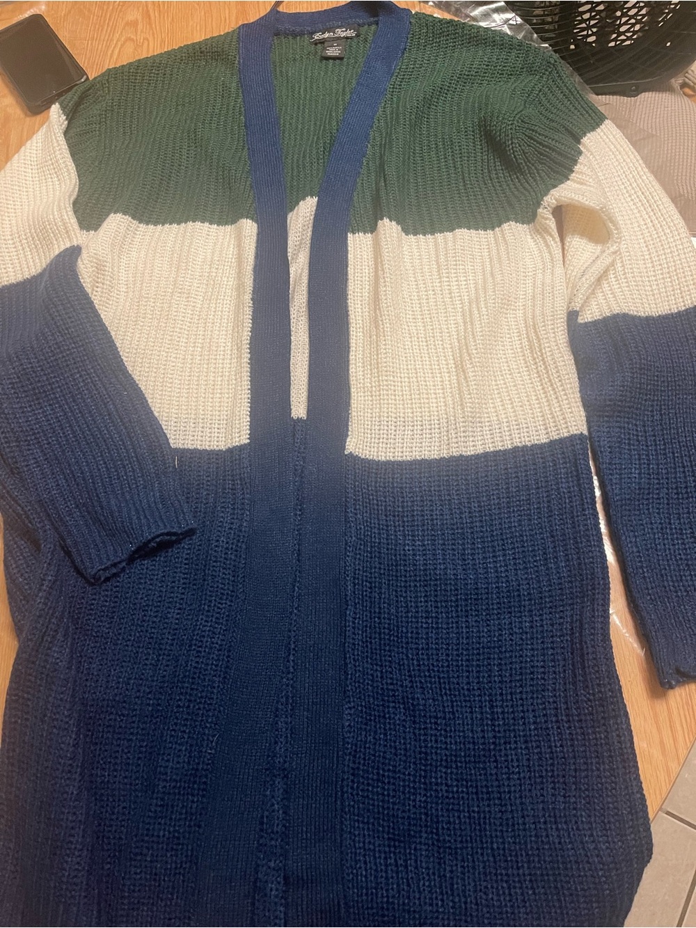 Colorblock Open Cardigan - Green, Cream & Navy by Sedona Studio